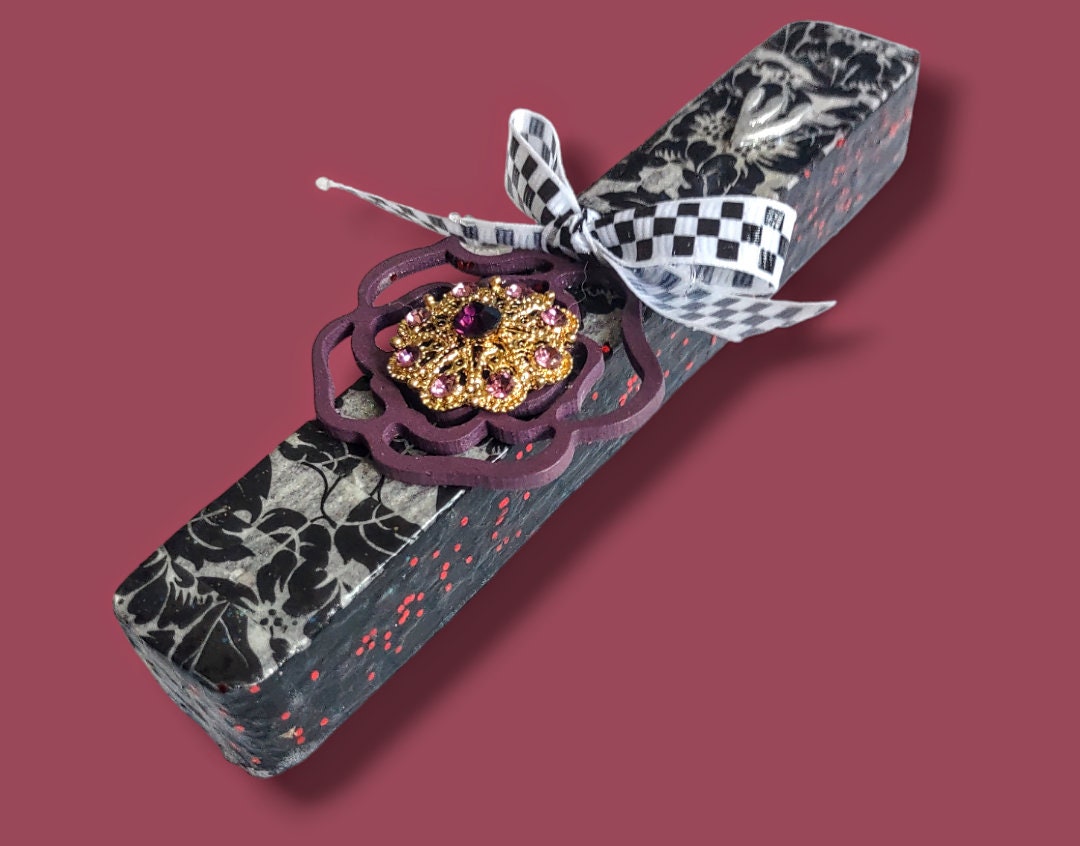 Wooden Black and White Decoupage with Ribbon and Repurposed Jewelry Mezuzah Mezuzot