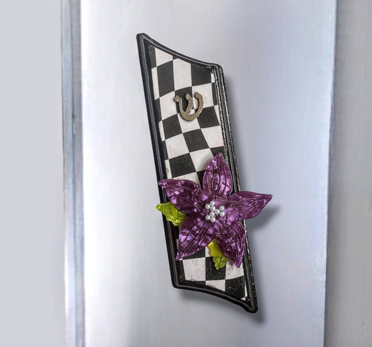Wooden Black and White Decoupage and Purple Flower Mezuzah Mezuzot