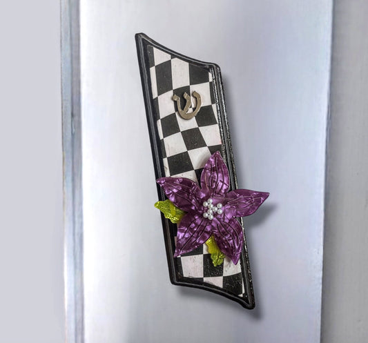 Wooden Black and White Decoupage and Purple Flower Mezuzah Mezuzot