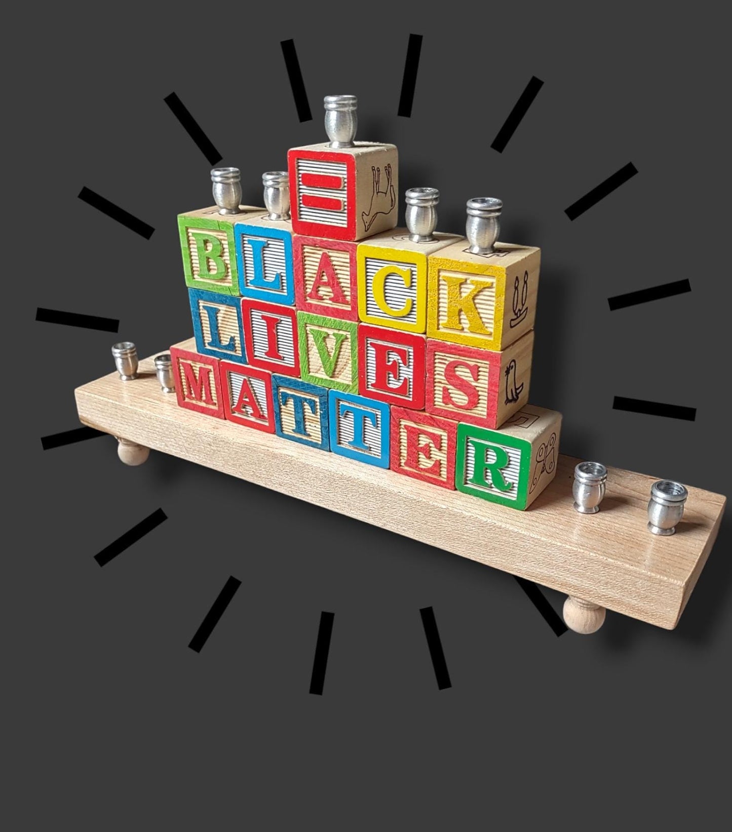 BLM Wooden Block Menorah: Judaica Hanukkah Art, Charity Donation