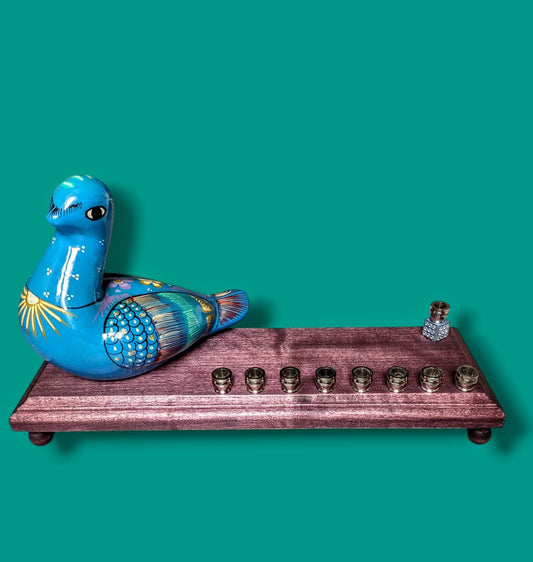 Vintage Blue Bird Menorah, Hand-Painted Ceramic Hanukkah Decor
