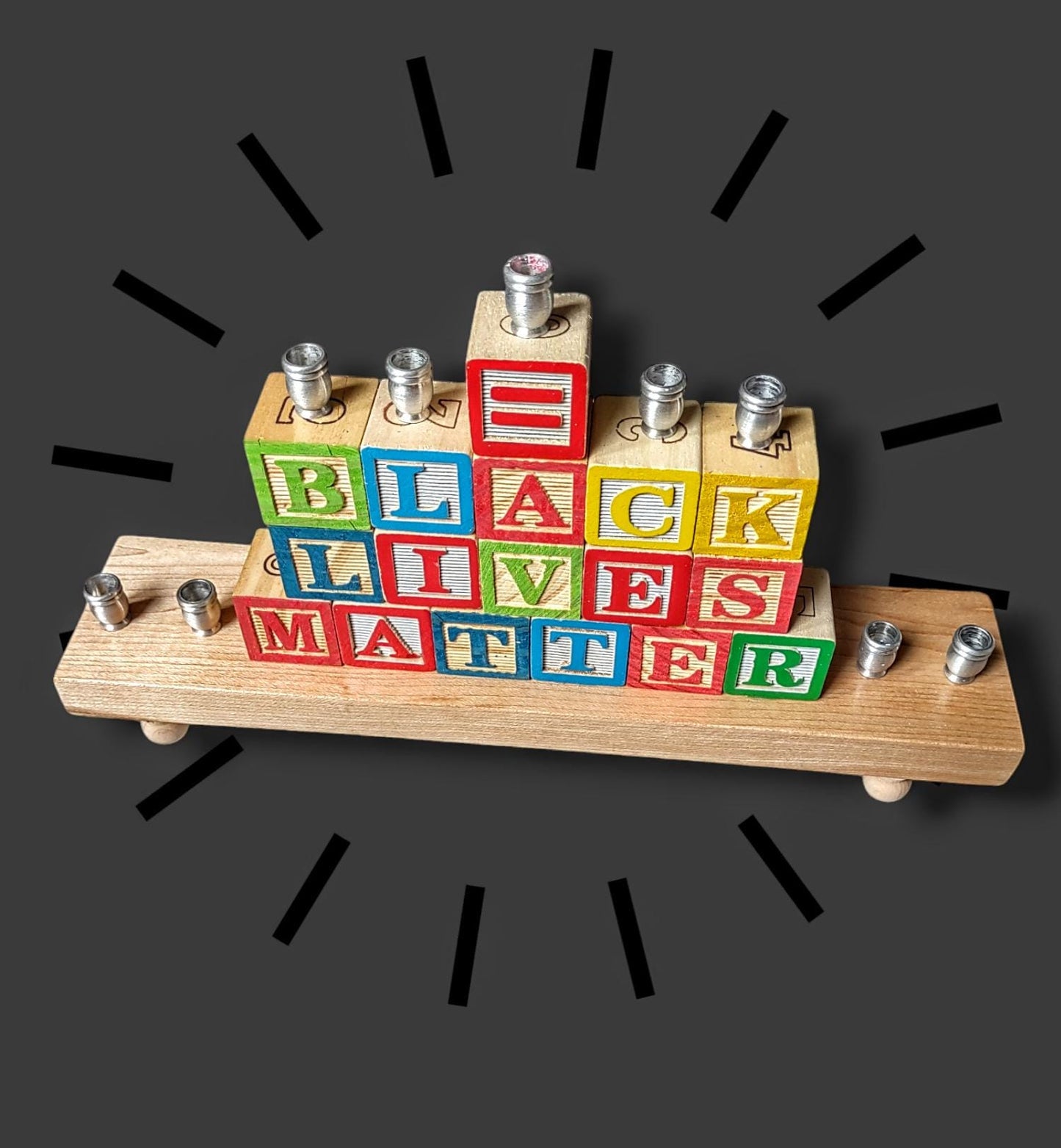 BLM Wooden Block Menorah: Judaica Hanukkah Art, Charity Donation