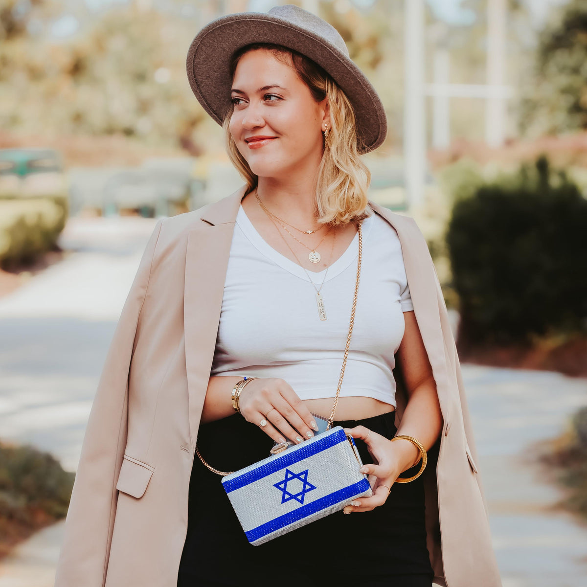 Sparkly Israel Flag Clutch – Rhinestone Evening Bag for Modern Jewish Pride