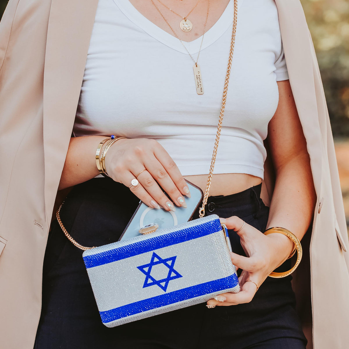 Sparkly Israel Flag Clutch – Rhinestone Evening Bag for Modern Jewish Pride