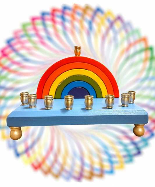 Rainbow Wood Menorah Hanukkiah Judaica Jewish Hanukkah Gift