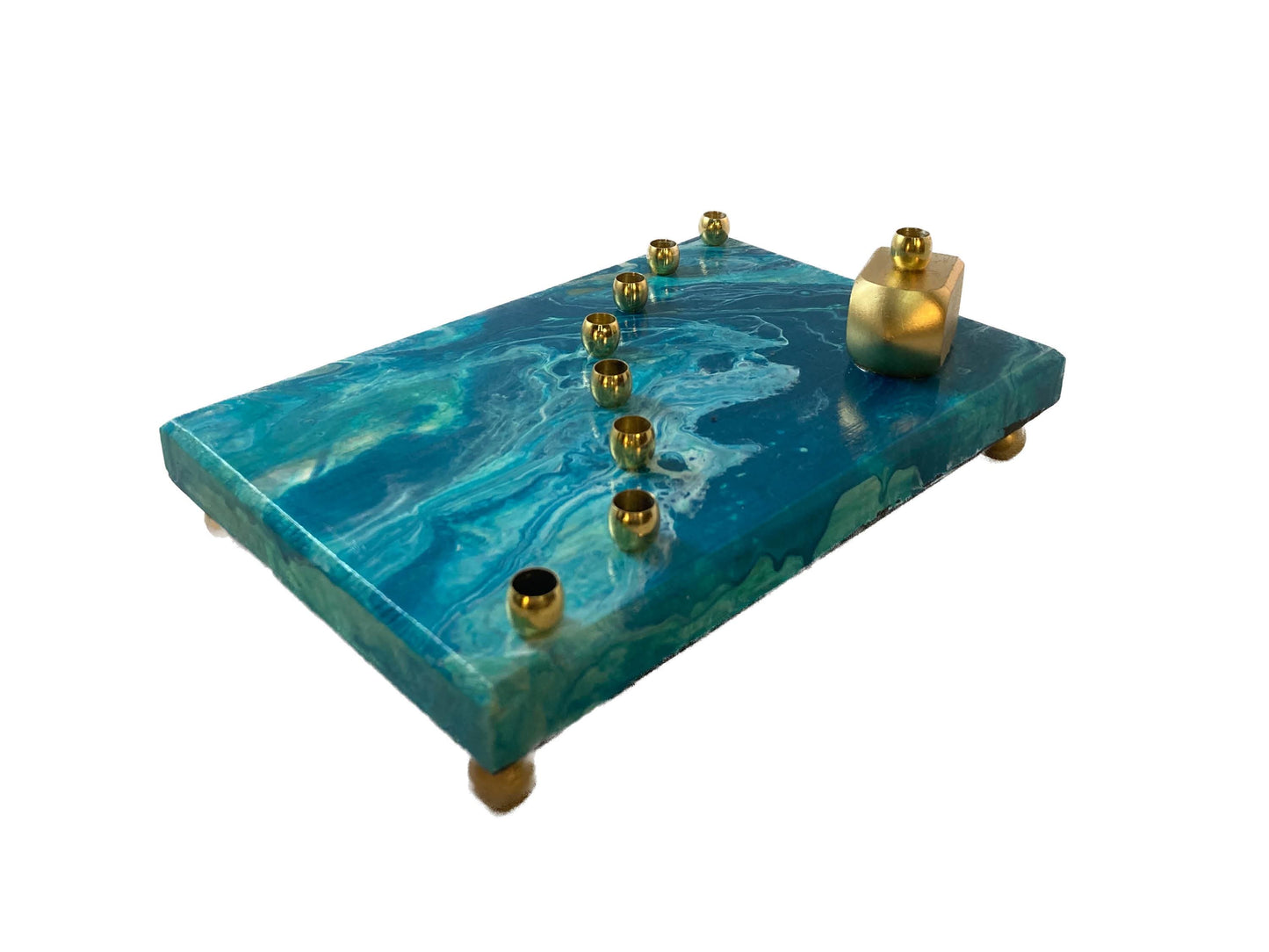Paint Pour Menorah, Teal Turquoise Blue, Hand-Painted Judaica Gift