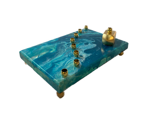 Paint Pour Menorah, Teal Turquoise Blue, Hand-Painted Judaica Gift