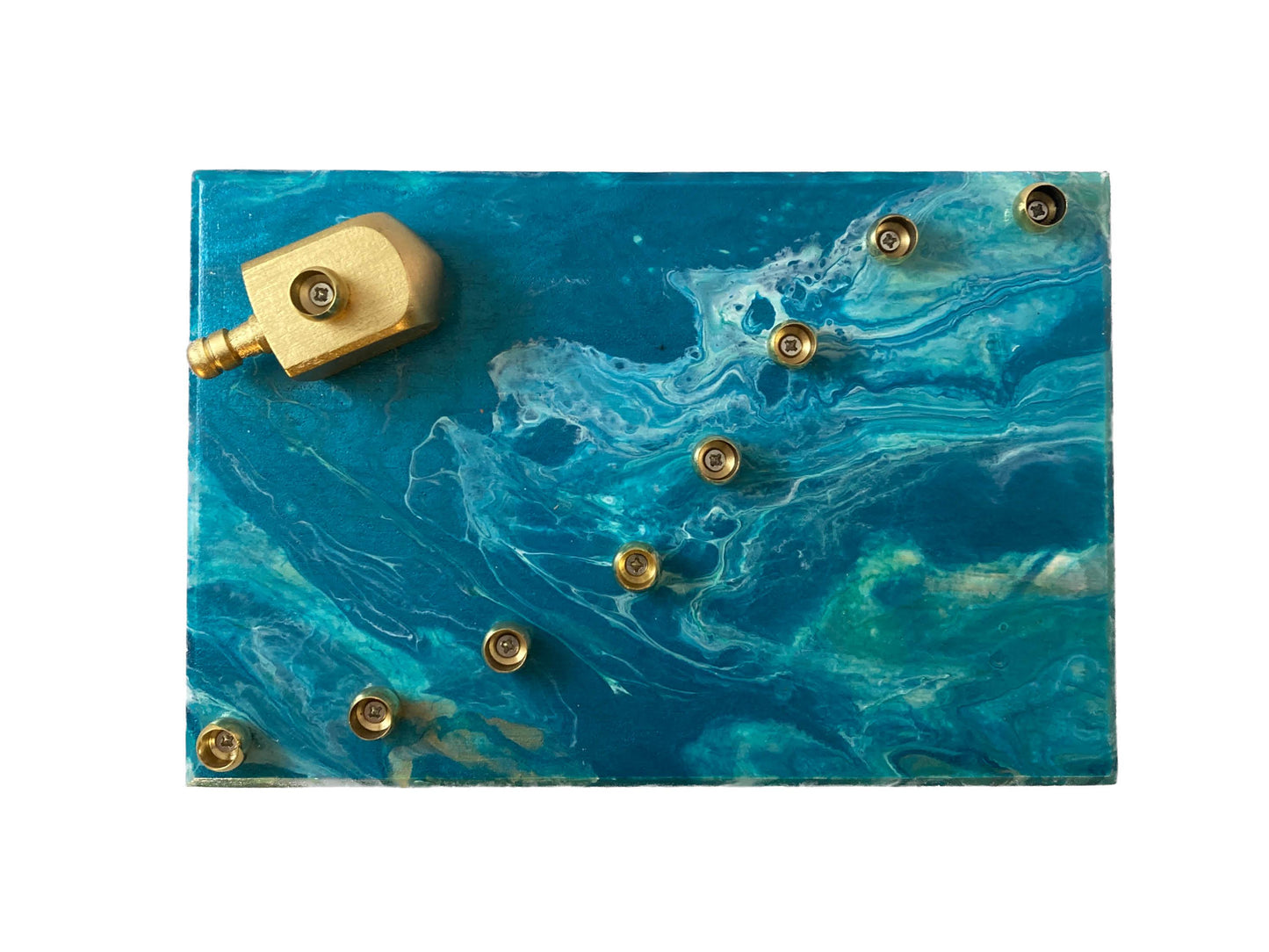 Paint Pour Menorah, Teal Turquoise Blue, Hand-Painted Judaica Gift