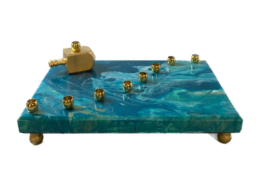 Paint Pour Menorah, Teal Turquoise Blue, Hand-Painted Judaica Gift