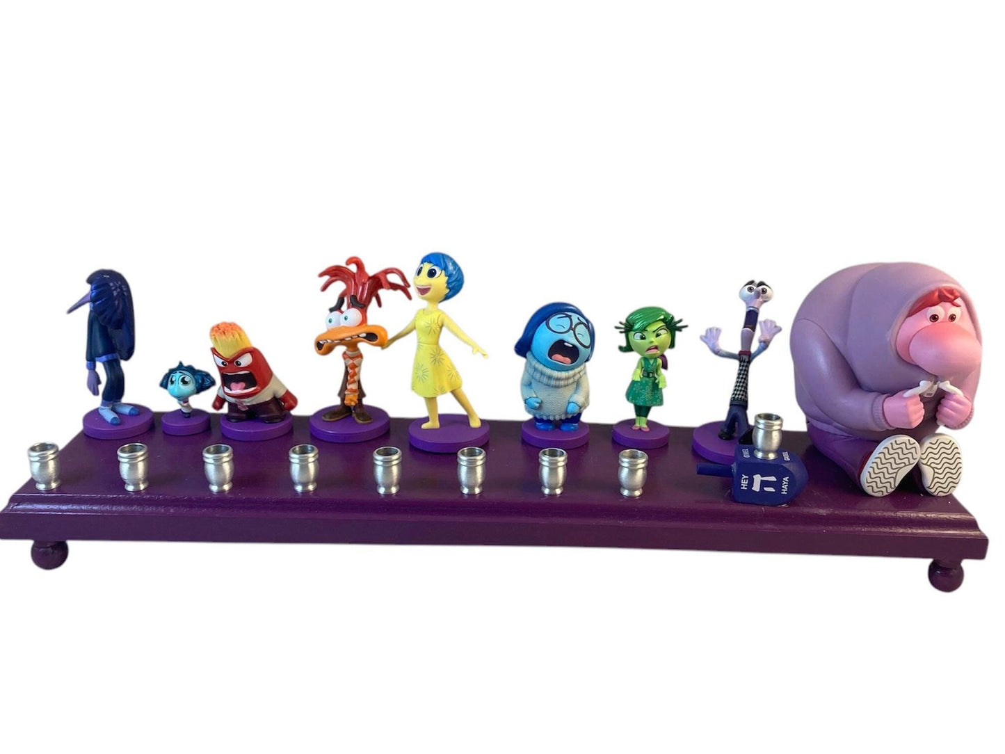 Inside Out 2 Menorah Chanukah Judaica Hanukkah Repurposed Toy Figures Dreidel Hebrew Joy Sadness Anger Anxiety Embarrassment Jealous