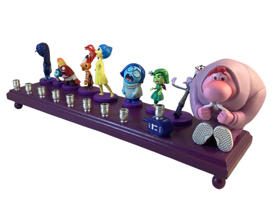 Inside Out 2 Menorah Chanukah Judaica Hanukkah Repurposed Toy Figures Dreidel Hebrew Joy Sadness Anger Anxiety Embarrassment Jealous