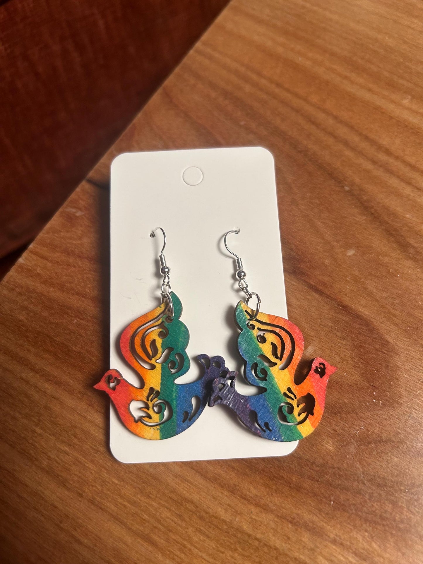 Handmade Wooden Rainbow Dove Earrings, Stainless Steel Hooks