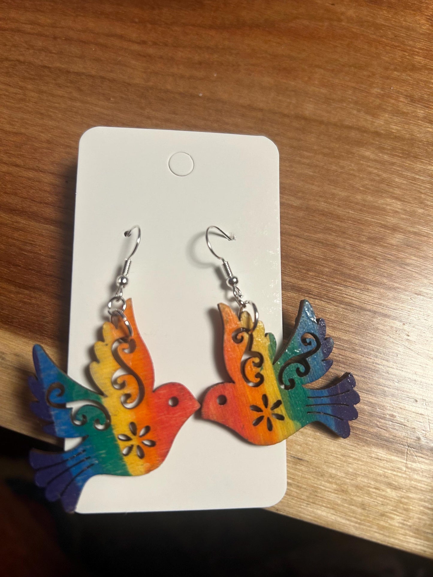 Handmade Wooden Rainbow Dove Earrings, Stainless Steel Hooks