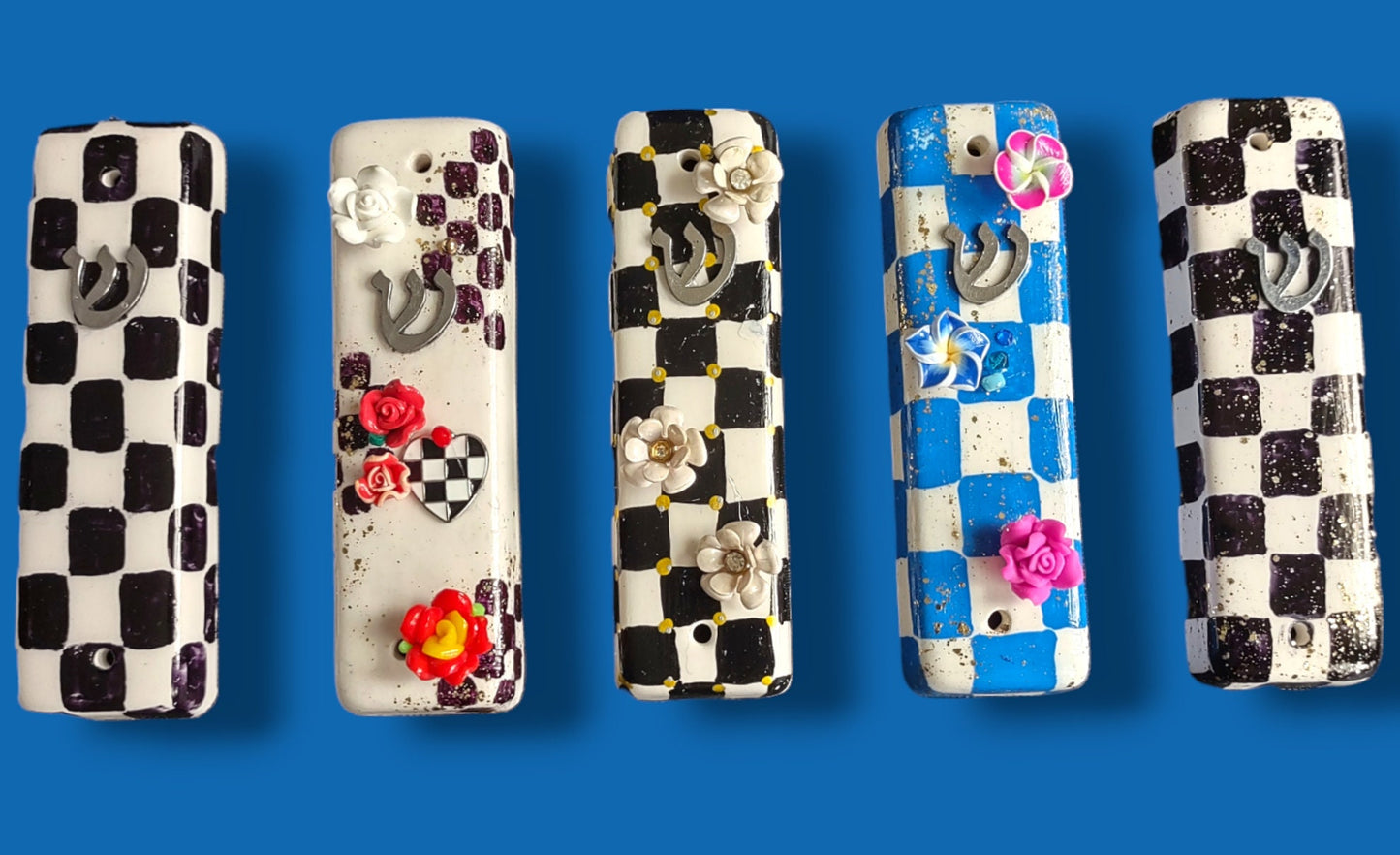 Checkerboard Ceramic Mezuzah Case with Glitter & Flowers