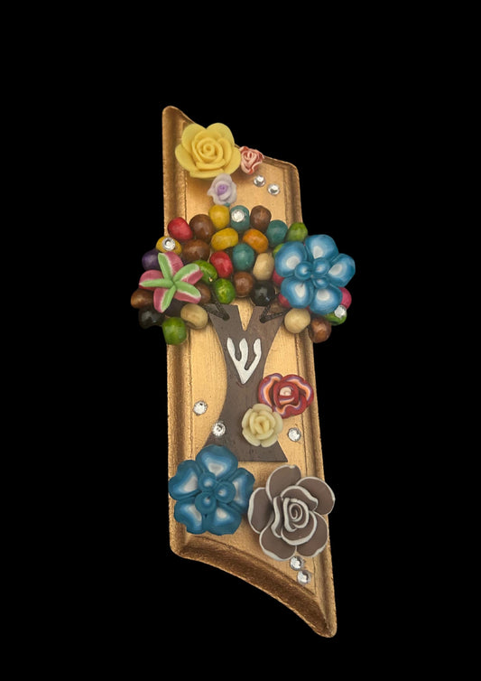 Tree of Life and Flowers Mezuzah Hand-Painted Wood Beads Polymer