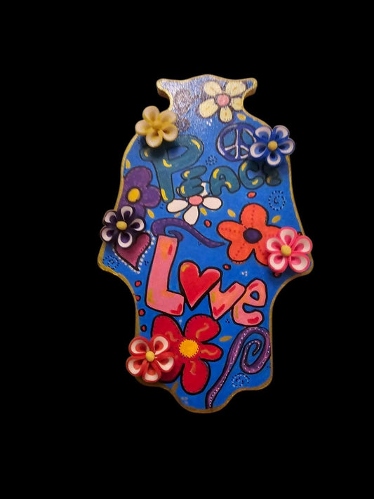 Peace Love Flowers Hamsa hand of Fatima evil eye hand painted hippie boho Woodstock