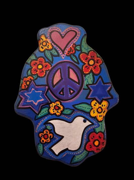 Peace Love Flowers Peace Dove Jewish star Hamsa hand of Fatima evil eye hand painted hippie boho Woodstock