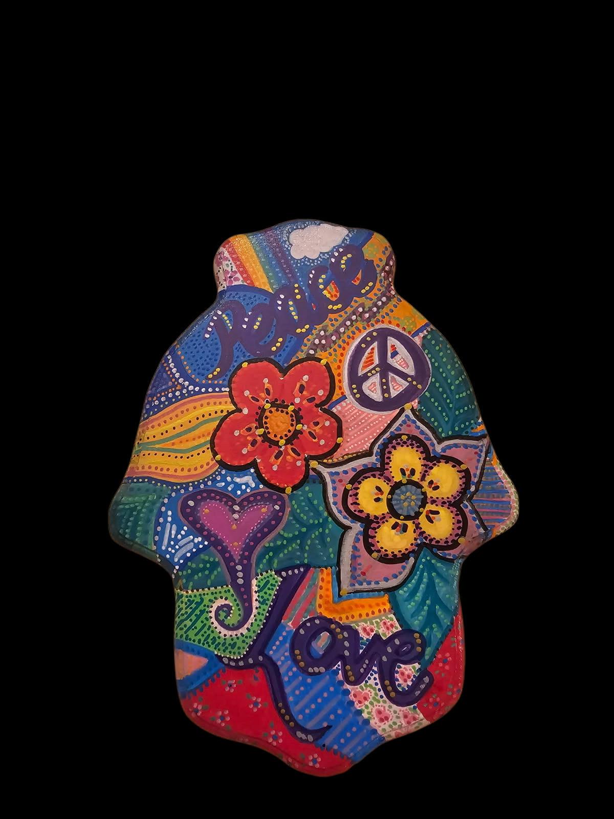 Peace Love Flowers Peace Jewish star Hamsa hand of Fatima evil eye hand painted hippie boho Woodstock