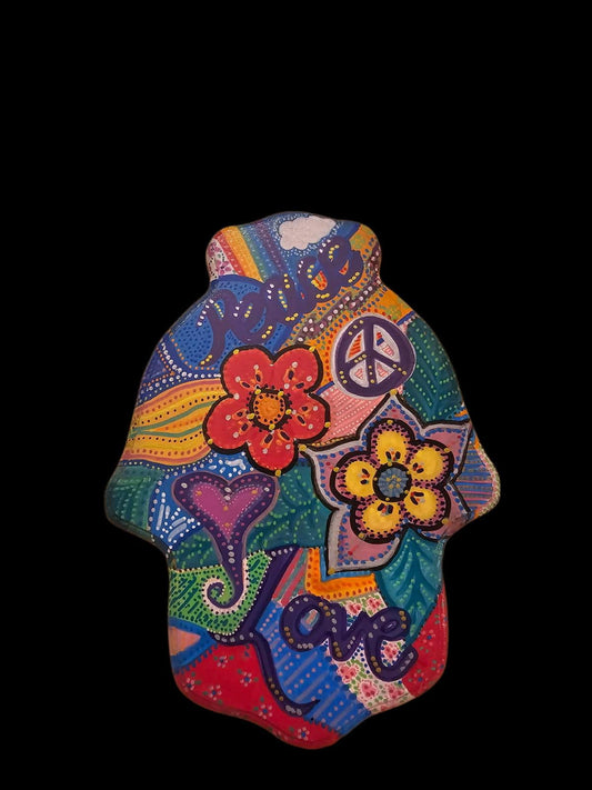 Peace Love Flowers Peace Jewish star Hamsa hand of Fatima evil eye hand painted hippie boho Woodstock