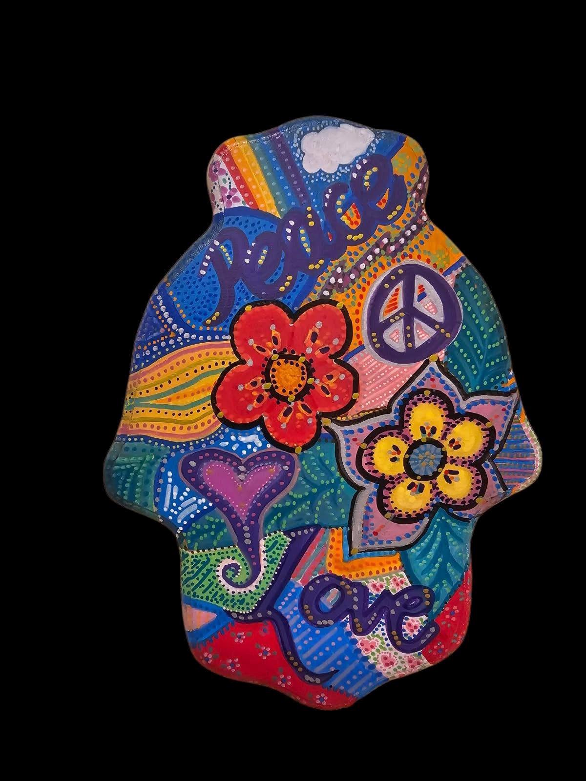 Peace Love Flowers Peace Jewish star Hamsa hand of Fatima evil eye hand painted hippie boho Woodstock