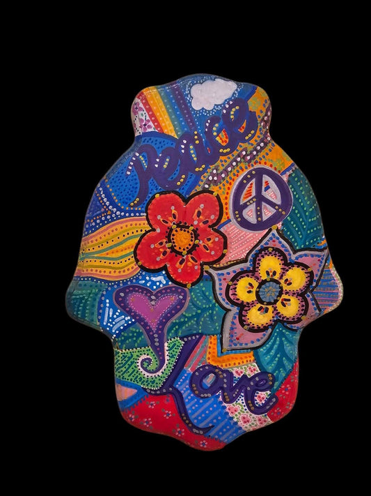 Peace Love Flowers Peace Jewish star Hamsa hand of Fatima evil eye hand painted hippie boho Woodstock