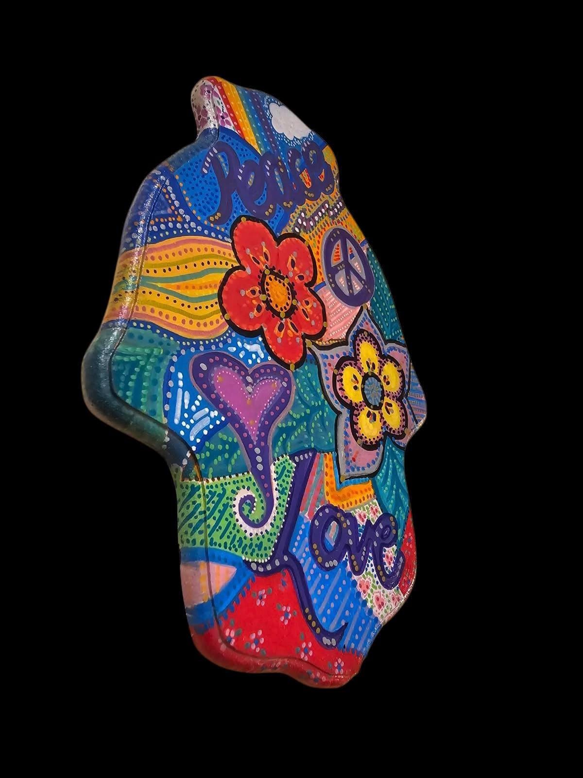 Peace Love Flowers Peace Jewish star Hamsa hand of Fatima evil eye hand painted hippie boho Woodstock