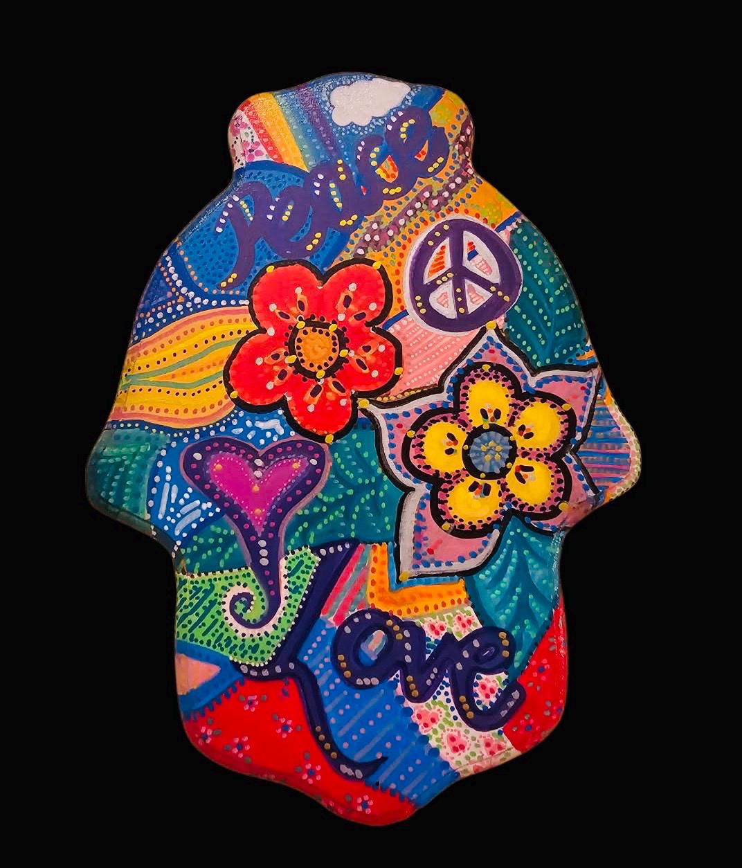 Peace Love Flowers Peace Jewish star Hamsa hand of Fatima evil eye hand painted hippie boho Woodstock