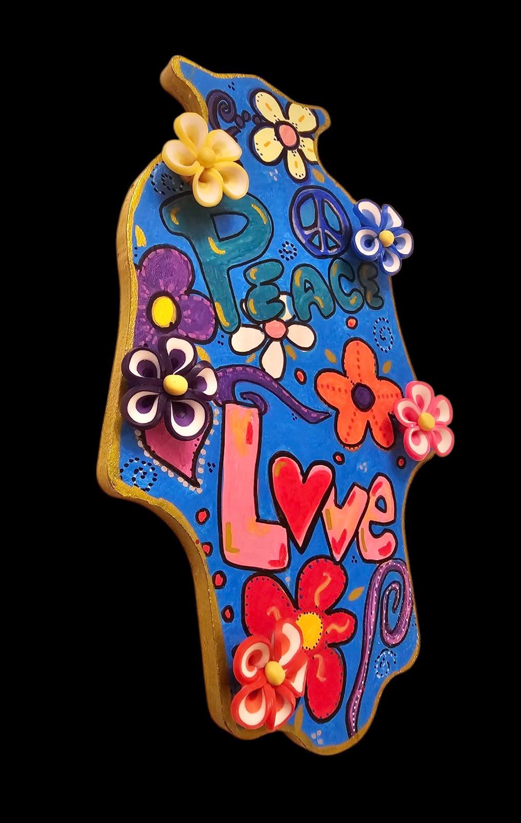 Peace Love Flowers Hamsa hand of Fatima evil eye hand painted hippie boho Woodstock