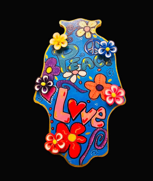 Peace Love Flowers Hamsa hand of Fatima evil eye hand painted hippie boho Woodstock