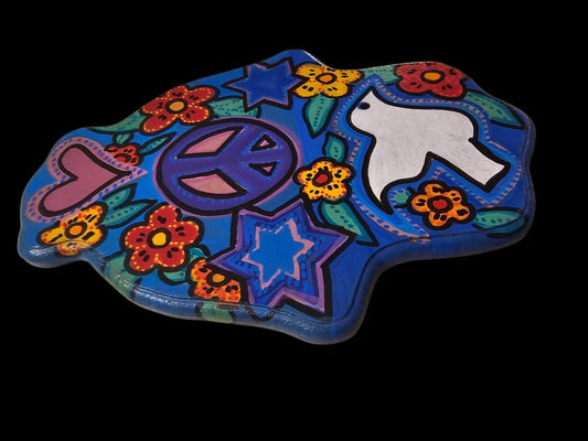 Peace Love Flowers Peace Dove Jewish star Hamsa hand of Fatima evil eye hand painted hippie boho Woodstock