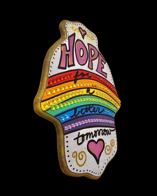 Hope for a better tomorrow rainbow Hamsa hand of Fatima evil eye hand painted hippie boho Woodstock
