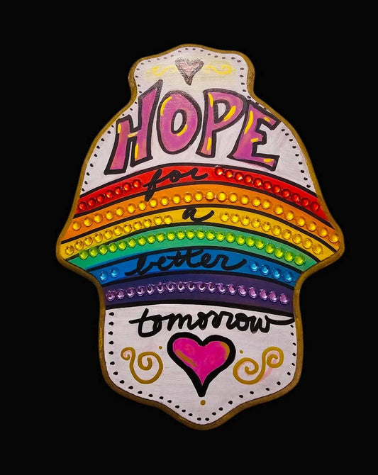 Hope for a better tomorrow rainbow Hamsa hand of Fatima evil eye hand painted hippie boho Woodstock