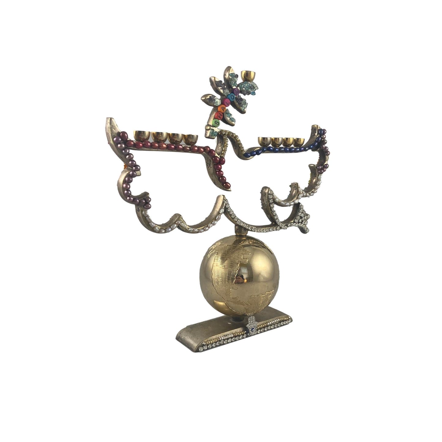 Dove Menorah Repurposed Jewelry Upcycled Rainbow Pearl Earth World Bling