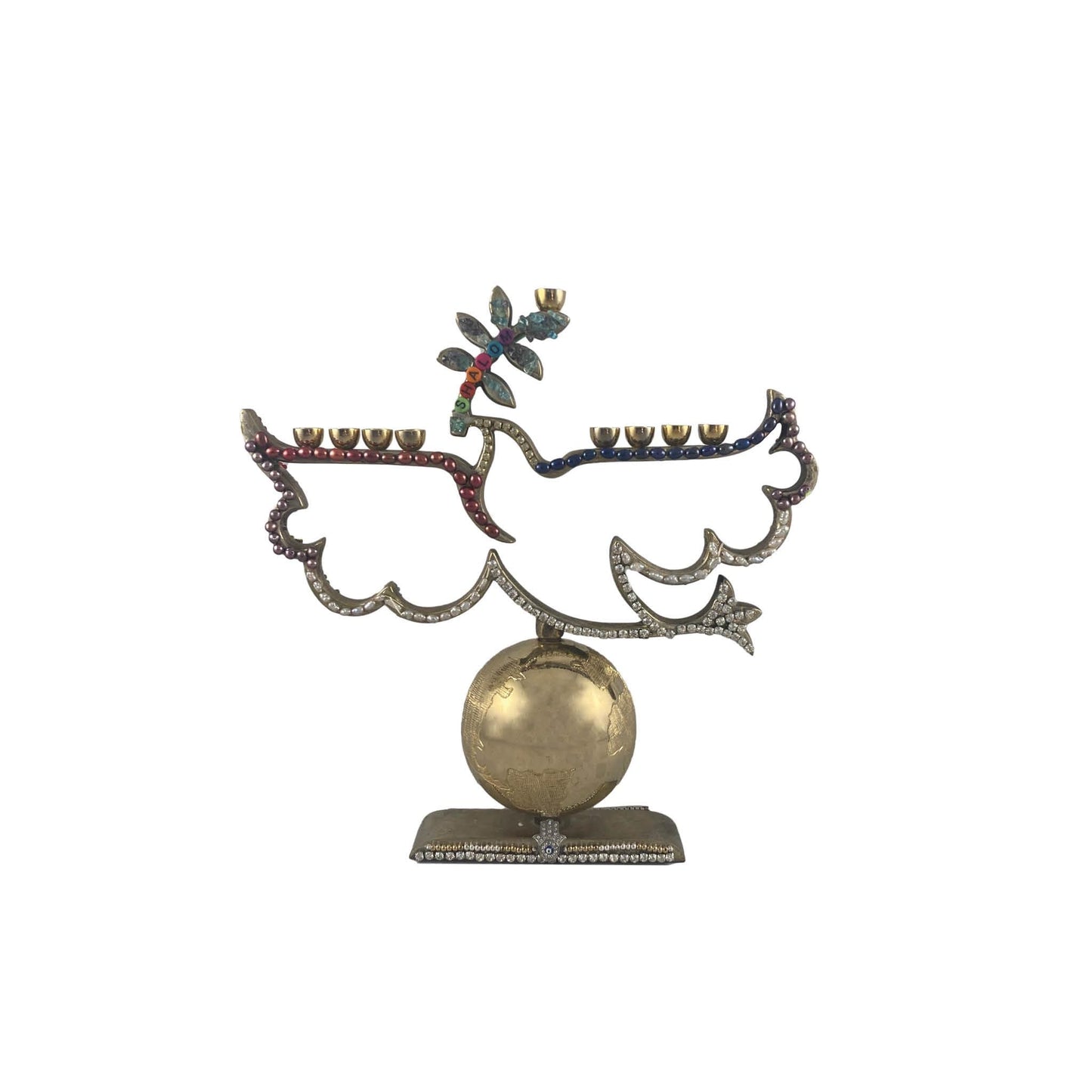 Dove Menorah Repurposed Jewelry Upcycled Rainbow Pearl Earth World Bling