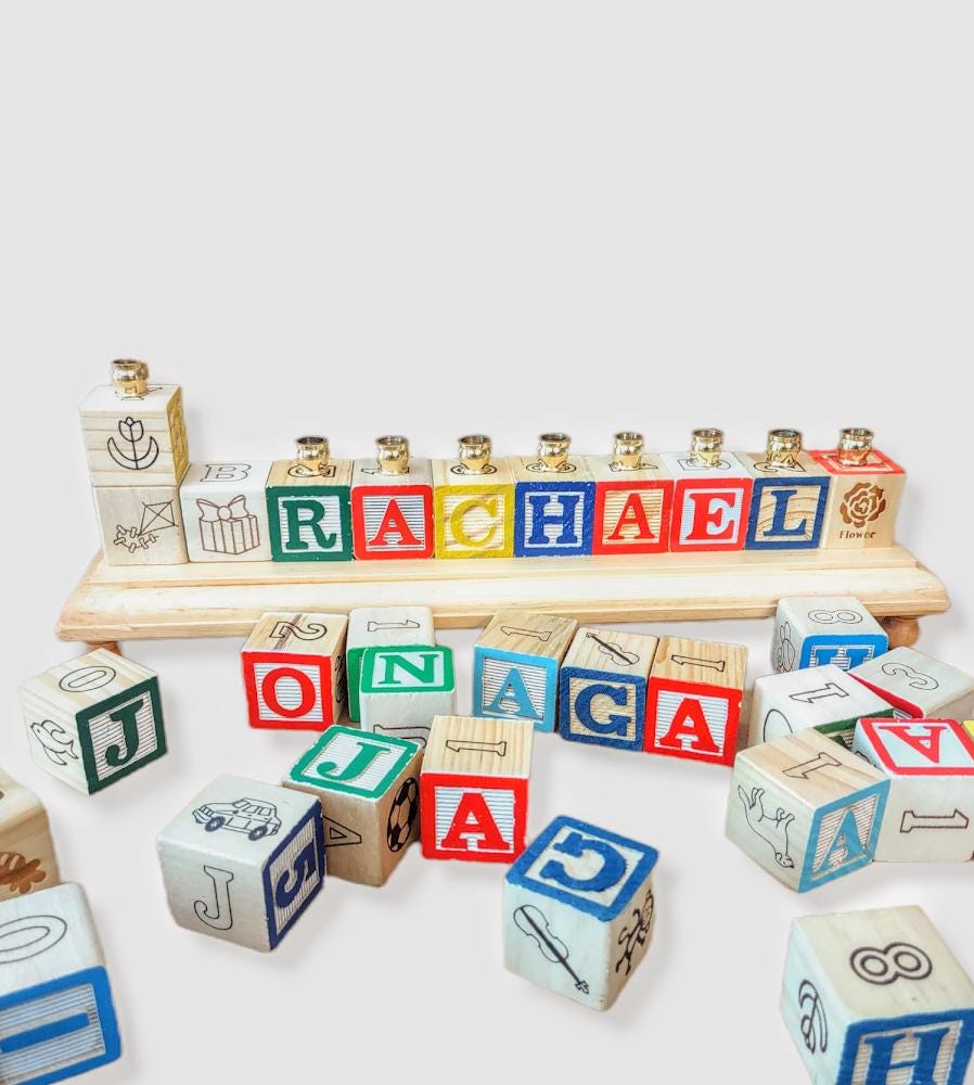 Personalized Name Wooden Block Menorah, Custom Judaica Toy