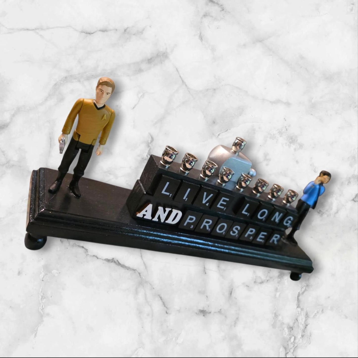 Star Trek Live Long & Prosper Collector Menorah Judaica Hanukkah Repurposed Figures Spock Captain Kirk Vintage