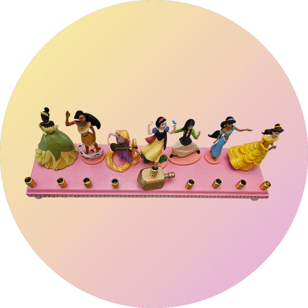Princess Menorah Classic Disney Judaica Hanukkiah Repurposed Jasmin Tiana Snow White Mulan Pocahontas Belle Rapunzel