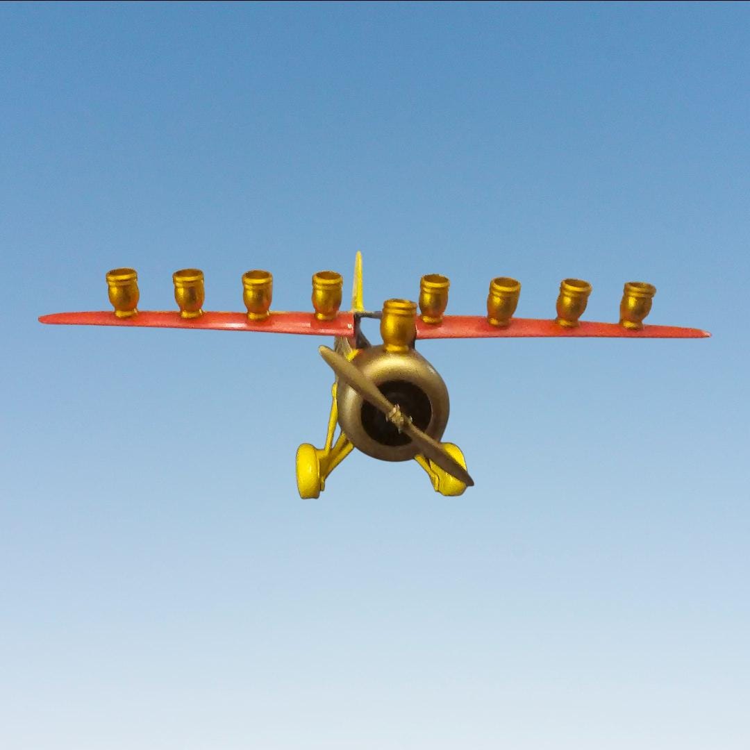 Vintage Airplane Menorah, Repurposed Metal Bank, Hanukkah Gift