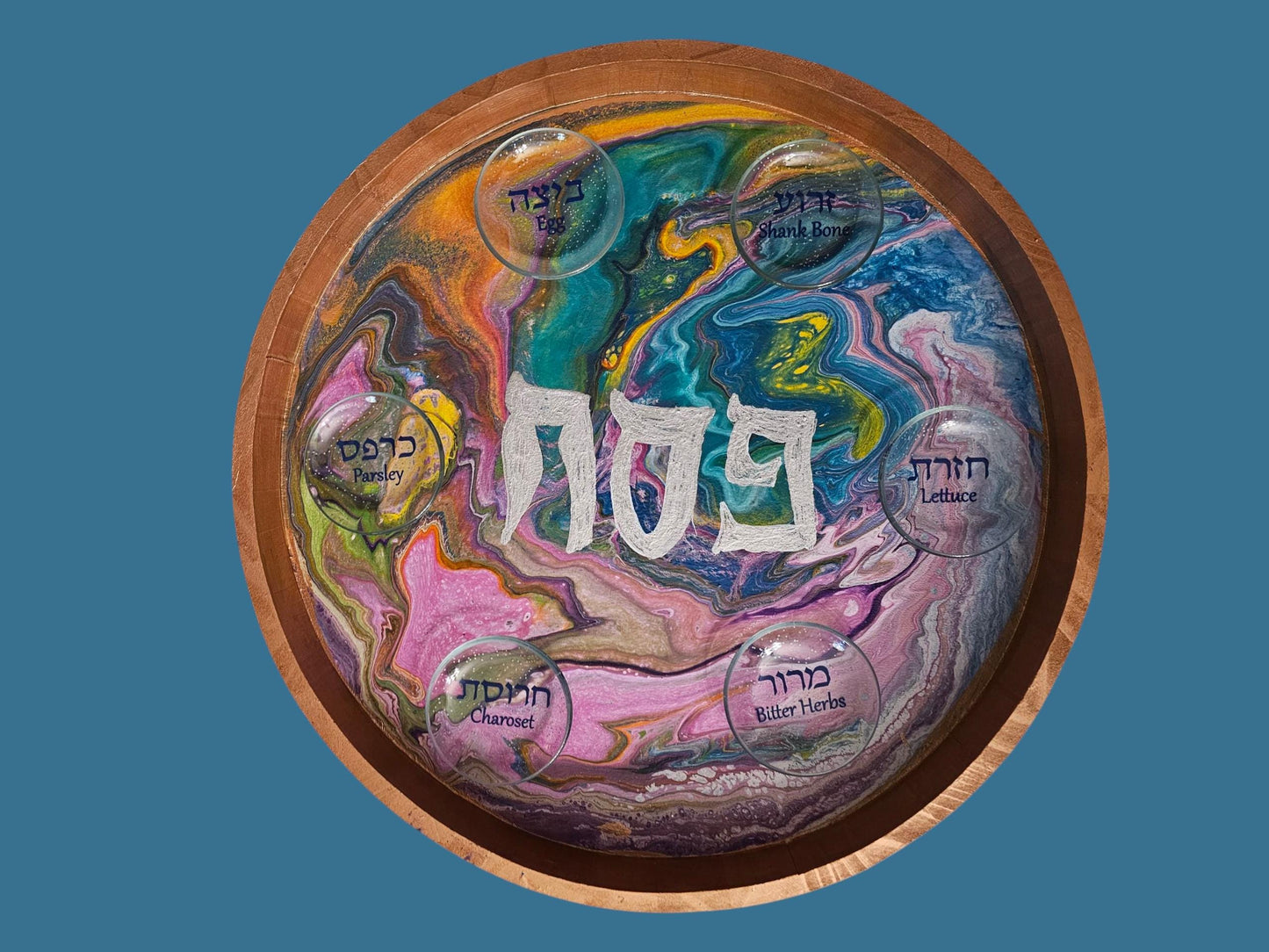 Hand Painted Seder Plate Funky Paint Pour Psychedelic Passover Judaica