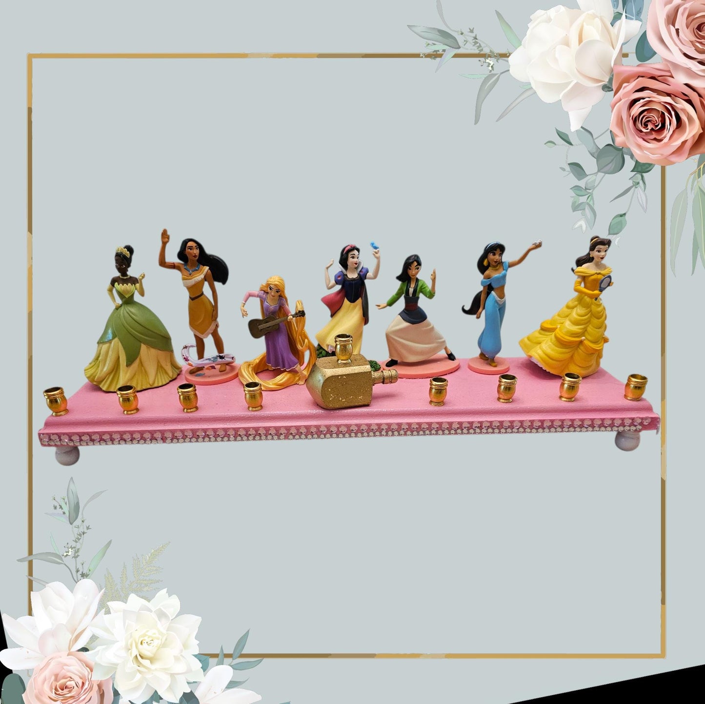 Princess Menorah Classic Disney Judaica Hanukkiah Repurposed Jasmin Tiana Snow White Mulan Pocahontas Belle Rapunzel
