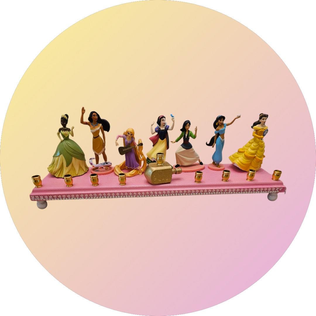 Princess Menorah Classic Disney Judaica Hanukkiah Repurposed Jasmin Tiana Snow White Mulan Pocahontas Belle Rapunzel