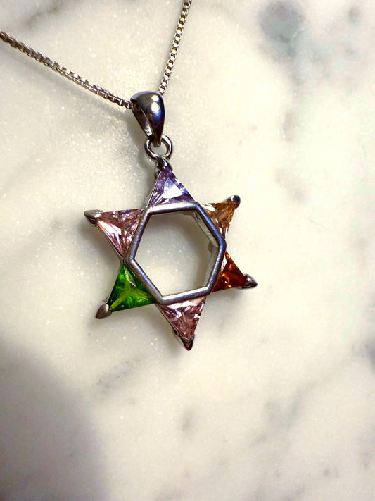 Vintage Sterling Silver Star of David Judaica  necklace multicolor gemstones 18"
