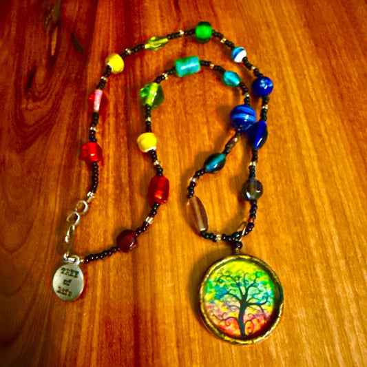 Rainbow tree of life necklace with glass beads
