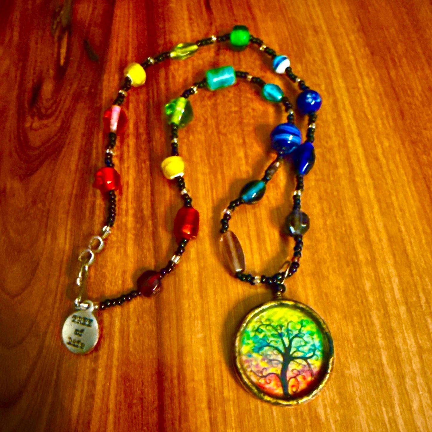 Rainbow tree of life necklace with glass beads