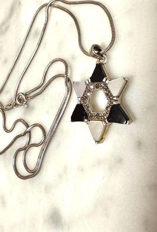 Vintage Sterling Silver Star of David necklace with marcasites in white and black