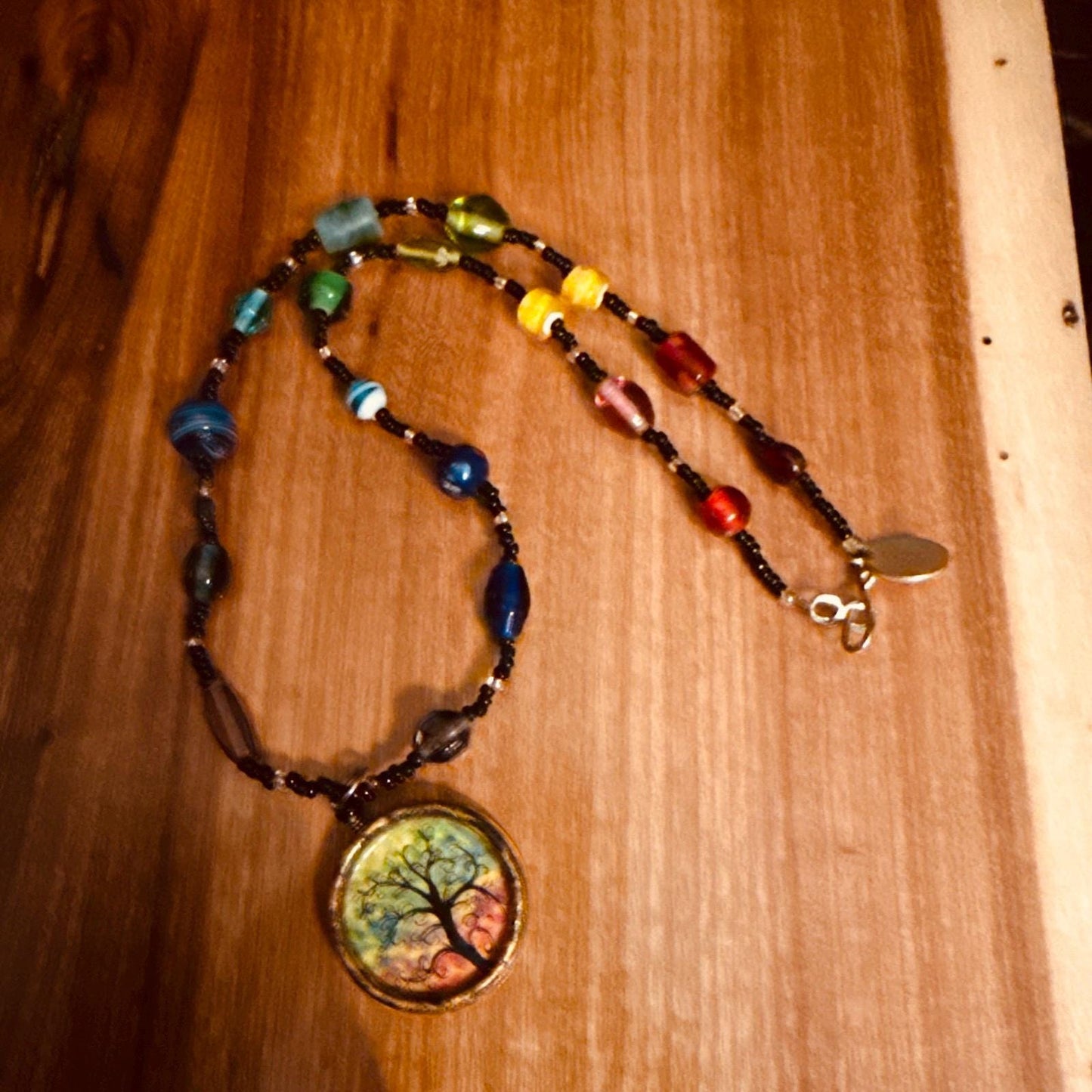 Rainbow tree of life necklace with glass beads