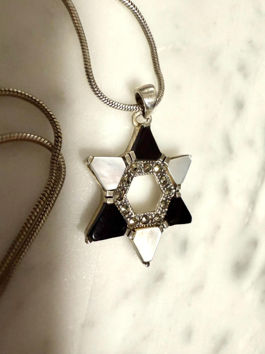 Vintage Sterling Silver Star of David necklace with marcasites in white and black