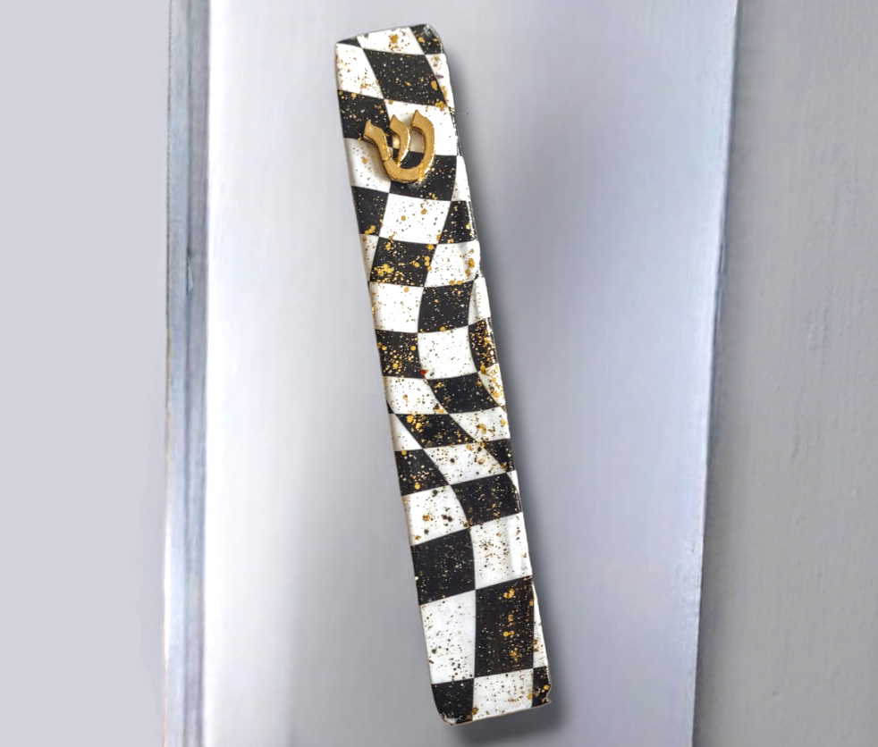 Wooden Black and White Decoupage Gltter Mezuzah