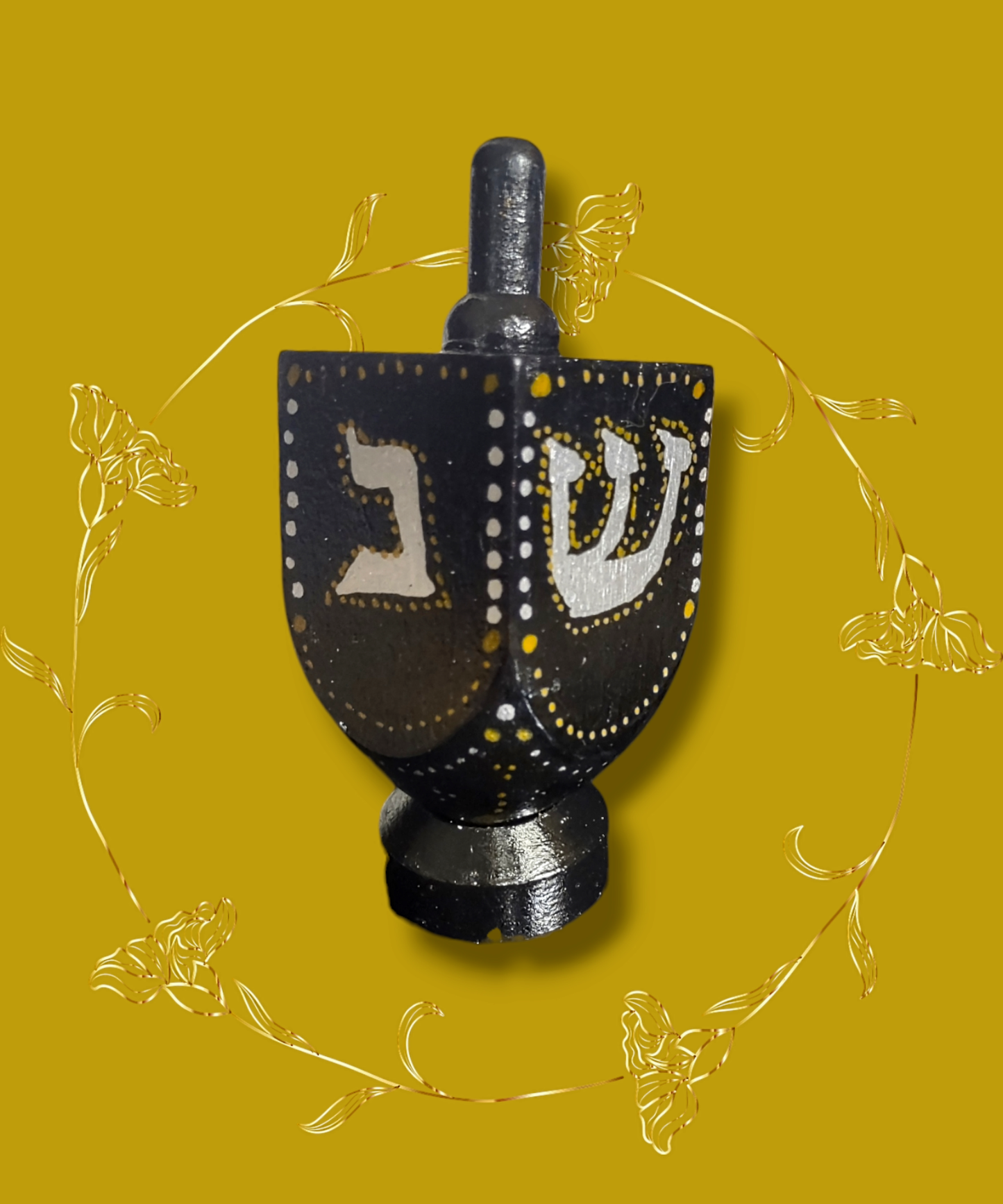 Hand-painted Black Gold and Silver dreidel.