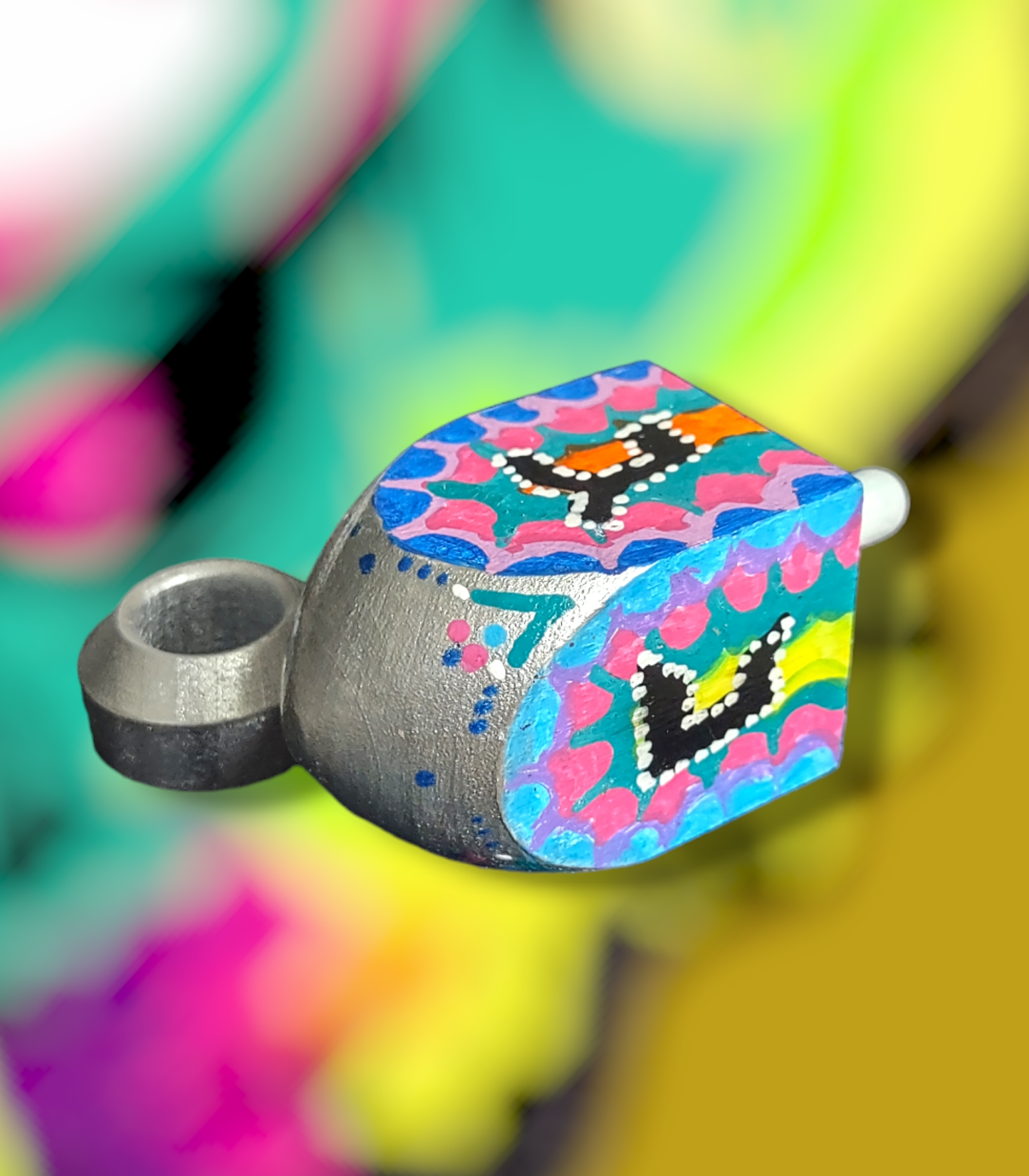 Hand-painted Neon Funky dreidel.